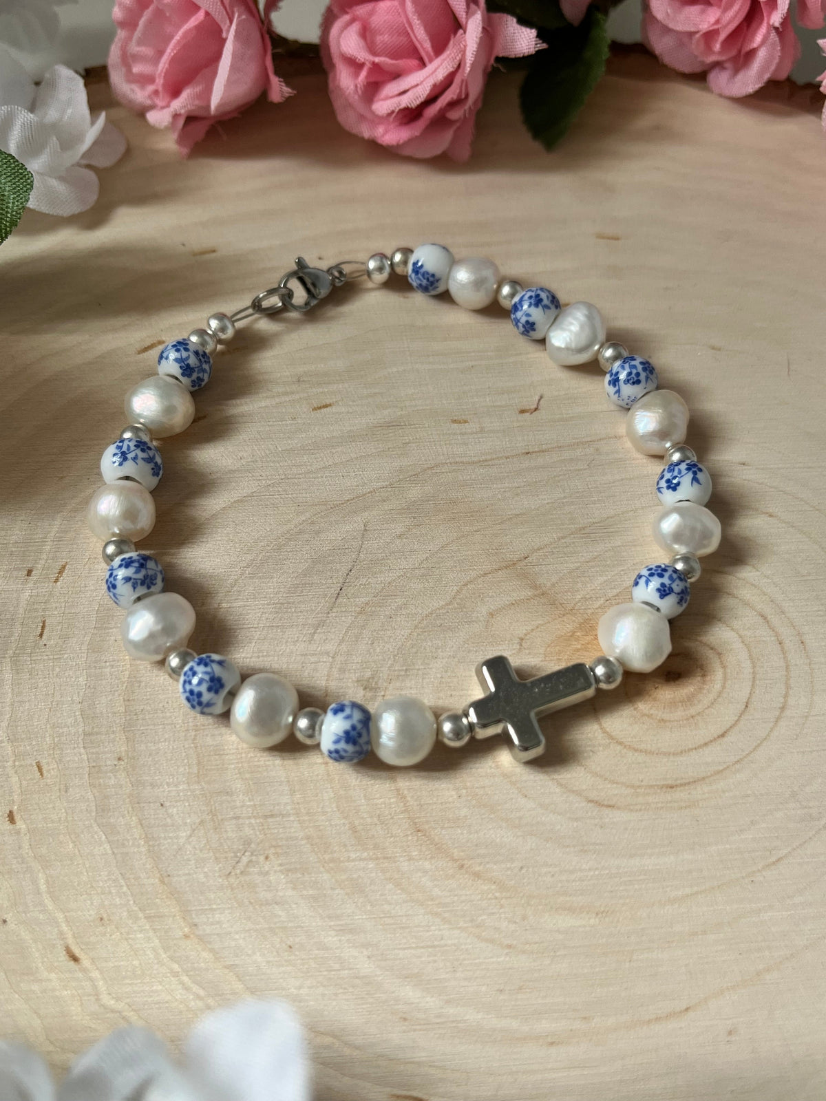 Floral Pearl Cross Bracelet – Christian Jewelry for Women