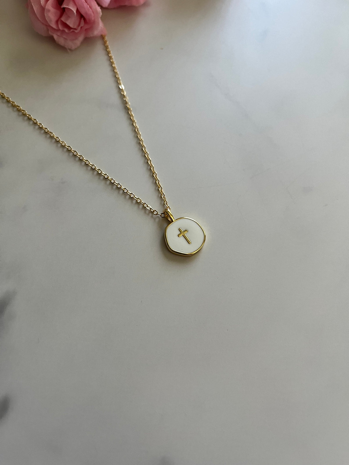 Gold Necklace 18K White Cross Pendant