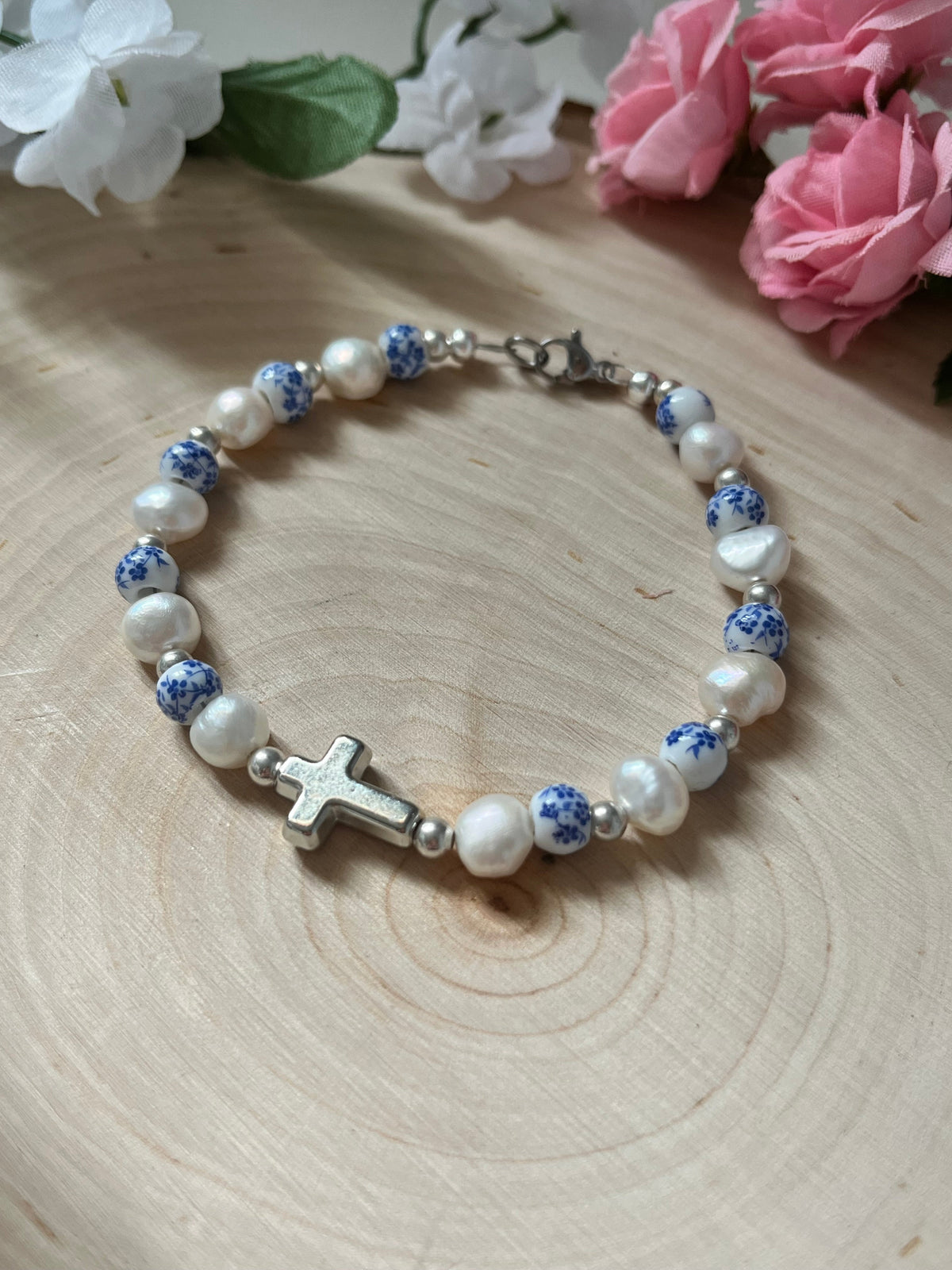 Floral Pearl Cross Bracelet – Christian Jewelry for Women