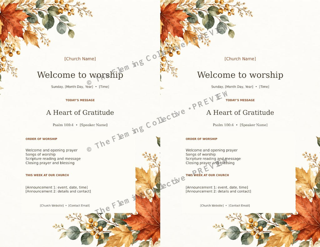 Two complete bulletins per letter sheet, watermarked preview — The Fleming Collective