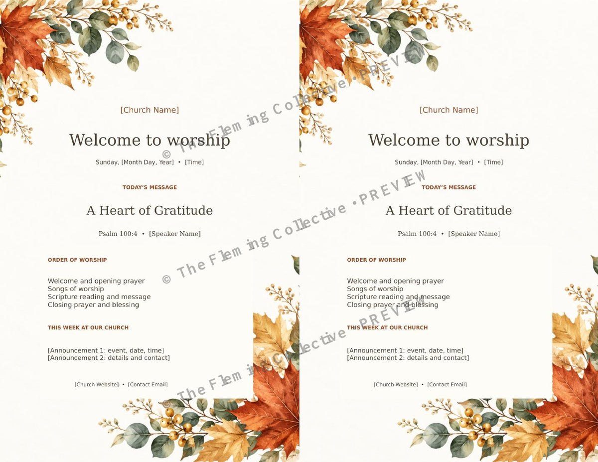 Two complete bulletins per letter sheet, watermarked preview — The Fleming Collective