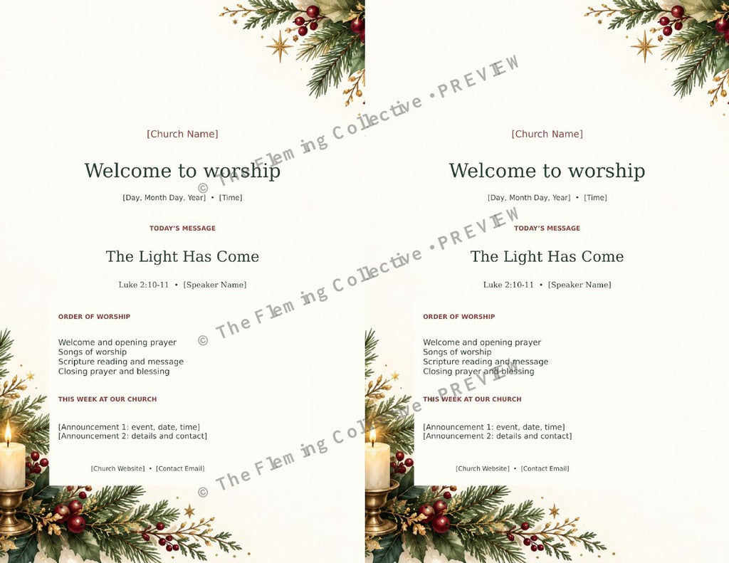 Two complete bulletins per letter sheet, watermarked preview — The Fleming Collective