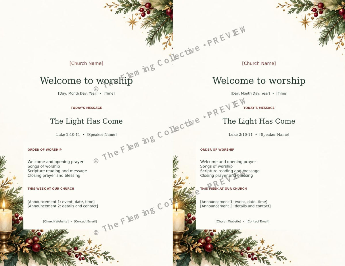 Two complete bulletins per letter sheet, watermarked preview — The Fleming Collective