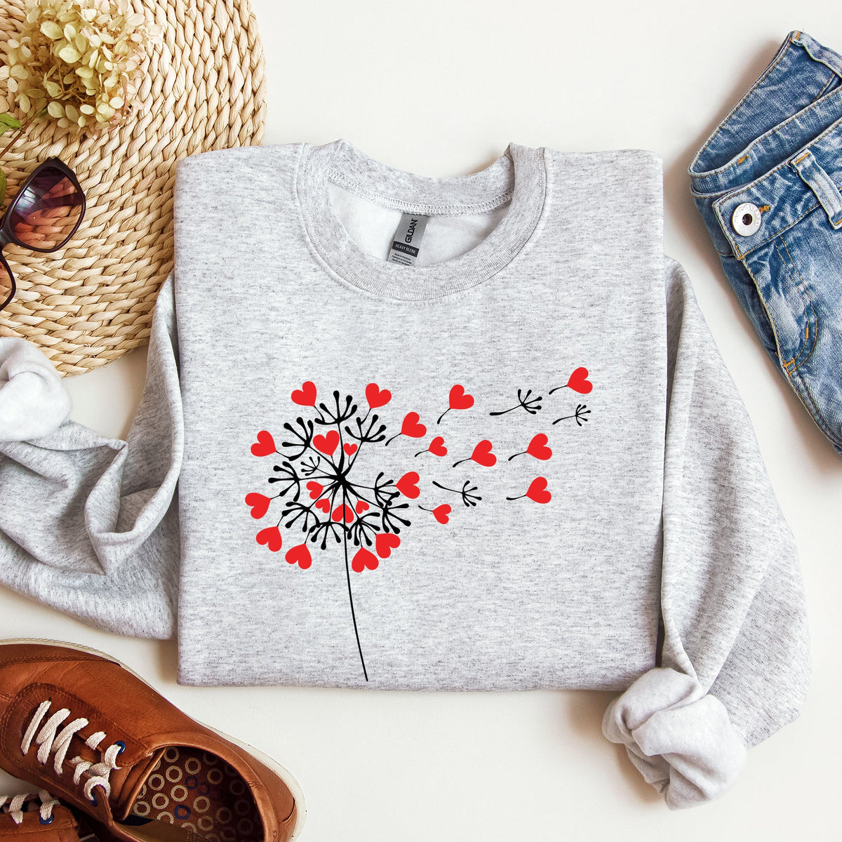 Dandelion Hearts Flower Artwork Print Featuring Whimsical Petals And Love Motifs Sweatshirt