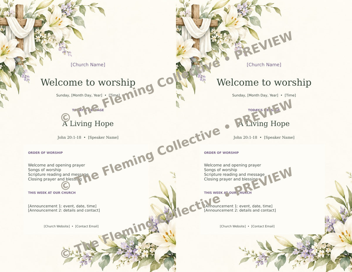 Easter Hope church bulletin — two per letter sheet, © The Fleming Collective PREVIEW